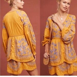 Anthropologie Yellow and Purple Embroidered Mini Dress